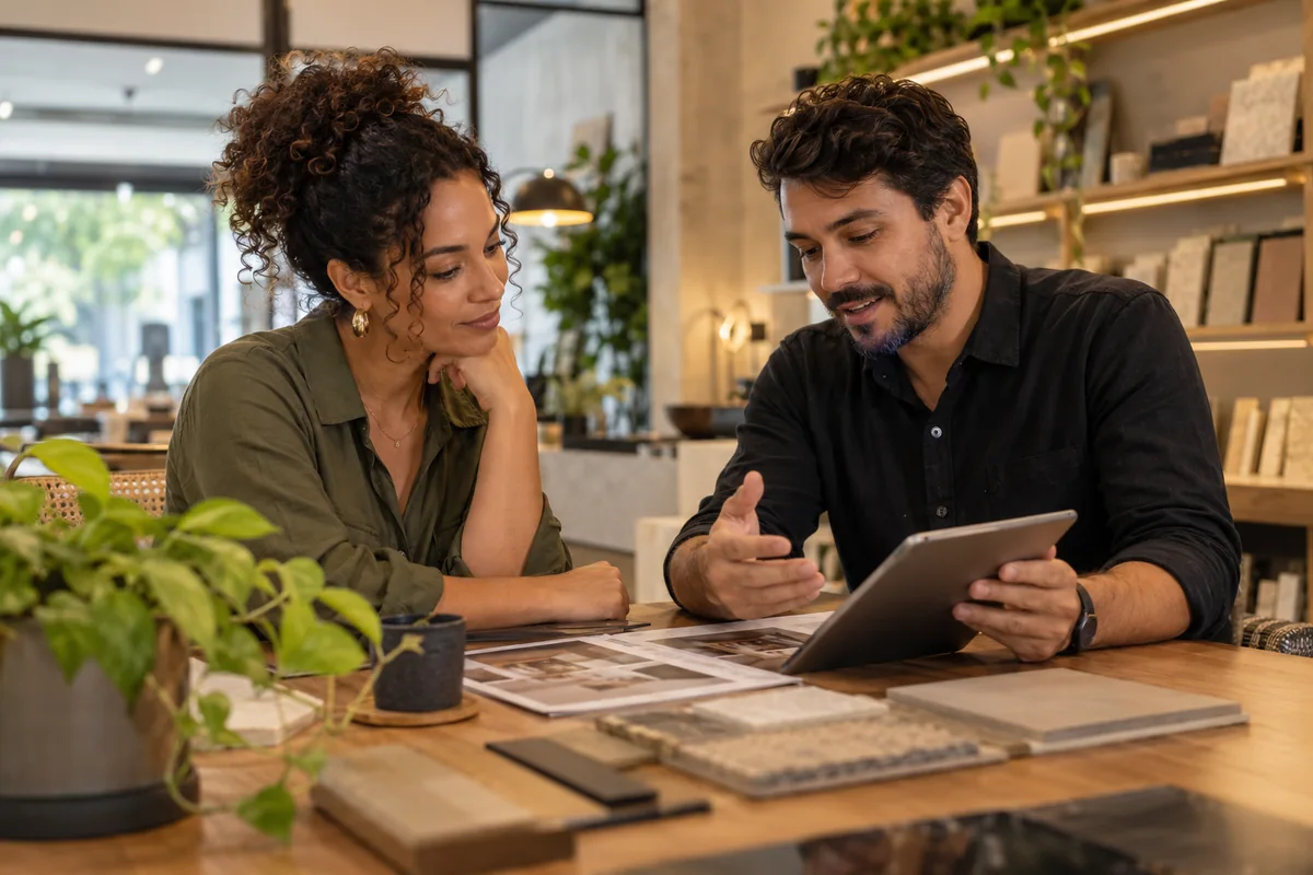 Profissional apresenta opções a uma cliente durante uma conversa comercial