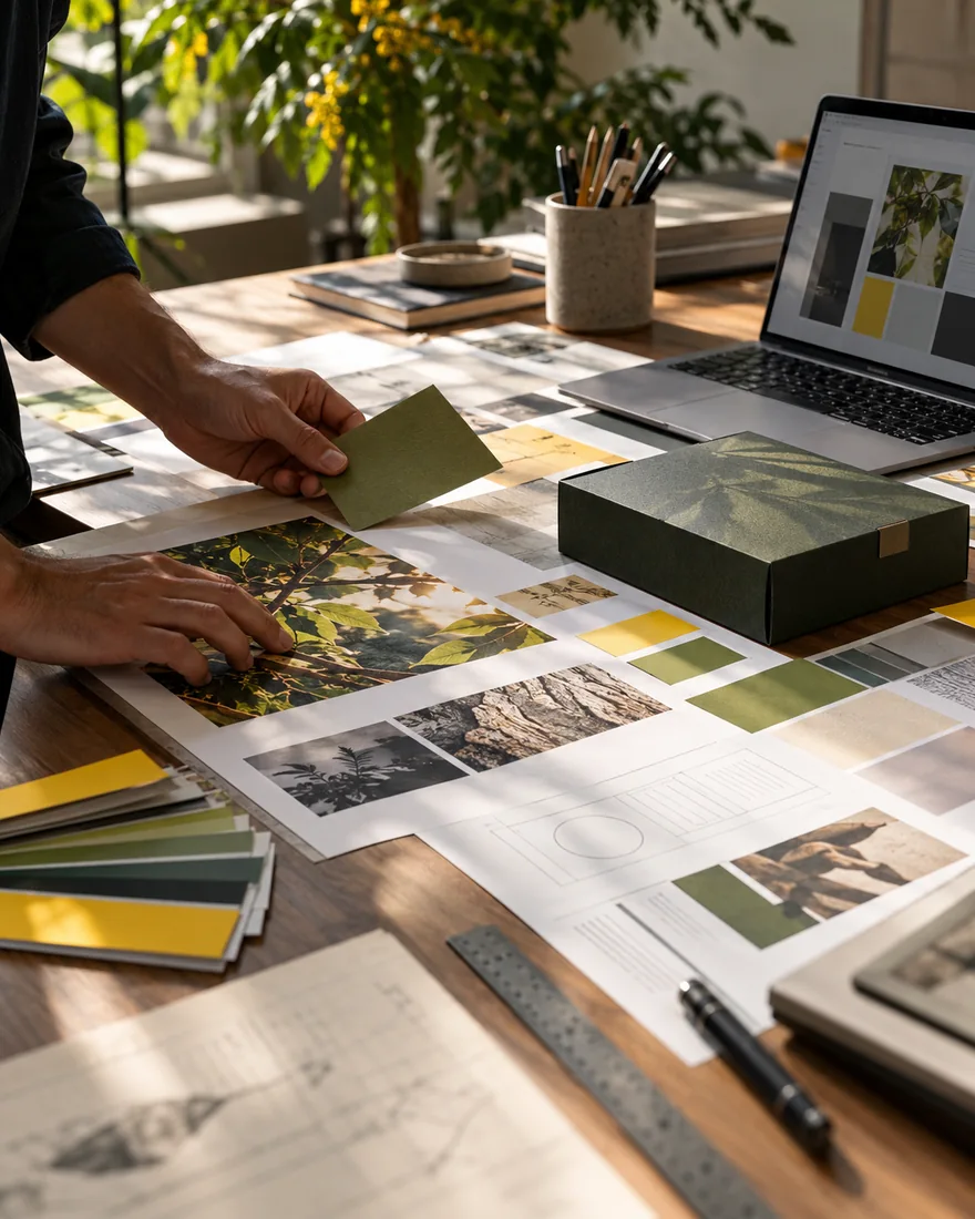 Processo de criação com provas impressas, referências visuais e materiais de marca sobre a mesa